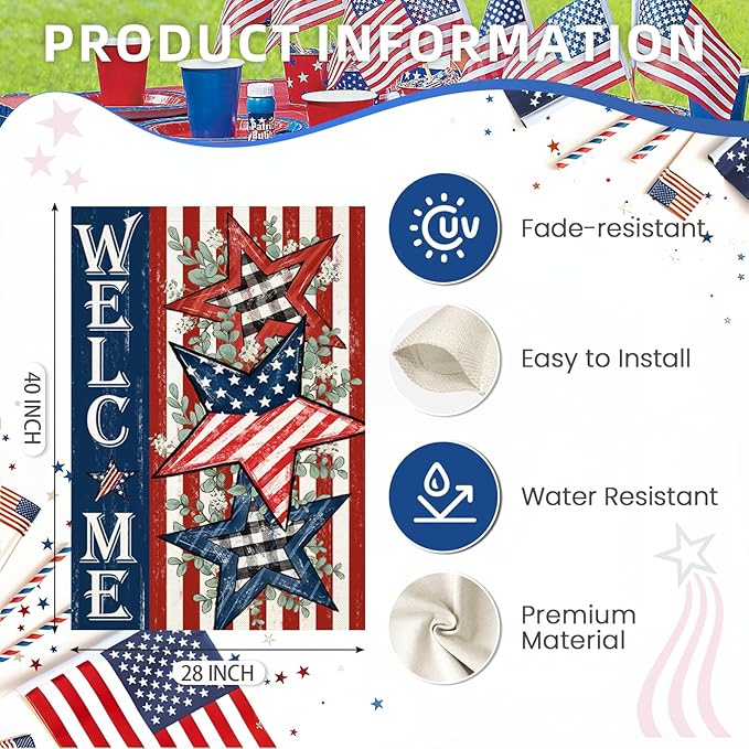 Welcome 4th of July House Flags for Outdoor, Patriotic American Stars and Stripes Large Yard Decorations, Decorative Decor for Summer 250th USA Anniversary Holiday Outside 28x40 Inch Double Sided