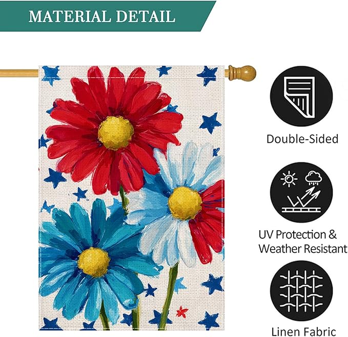 Patriotic Red White Blue Daisy House Flag 28x40 Inch, Double-Sided Floral Burlap Large Yard Flag, Rustic American Stars Flower Outdoor Flag for Porch Independence Day Decor
