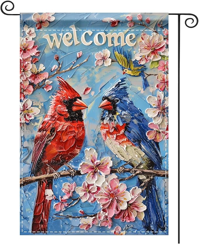 Nuxovilar Garden Flag Banner Cardinal Pair & Cherry Blossom Design 12x18in Polyester Garden Flags for Outside Yard Patio