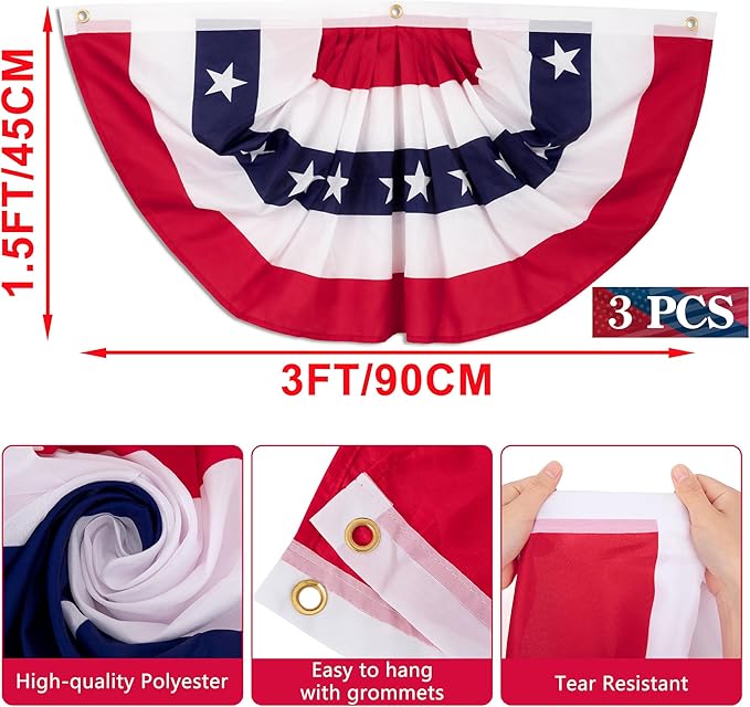 1.5 x 3 FT Fourth of July Decorations, 2 PCS 4th of July Banner, Patriotic Bunting US Pleated Fan Flags American Flag USA 250th Anniversary Independence Day Memorial Day Outside Home Yard Porch Decor