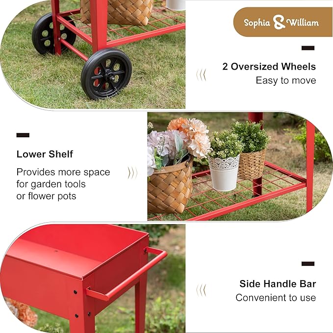 Sophia & William Planter Raised Beds with Legs and Wheels, Outdoor Metal Planter Box Elevated Garden Bed with Lower Shelf for Vegetables Flower Herb, Red