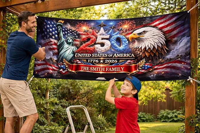 Personalized 250 Years of Freedom USA Banner 1776-2026, Patriotic American Eagle Flag for Independence Day, Customizable Family Name Outdoor Banner, USA Anniversary Decoration for Gardens & Porches A3