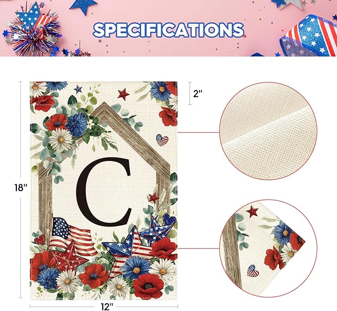 AVOIN colorlife Initial Letter C Monogram Patriotic Garden Flag 12x18 Inch Double Sided Outside, 4th of July Memorial Day Floral Family Last Name Yard Outdoor Decoration