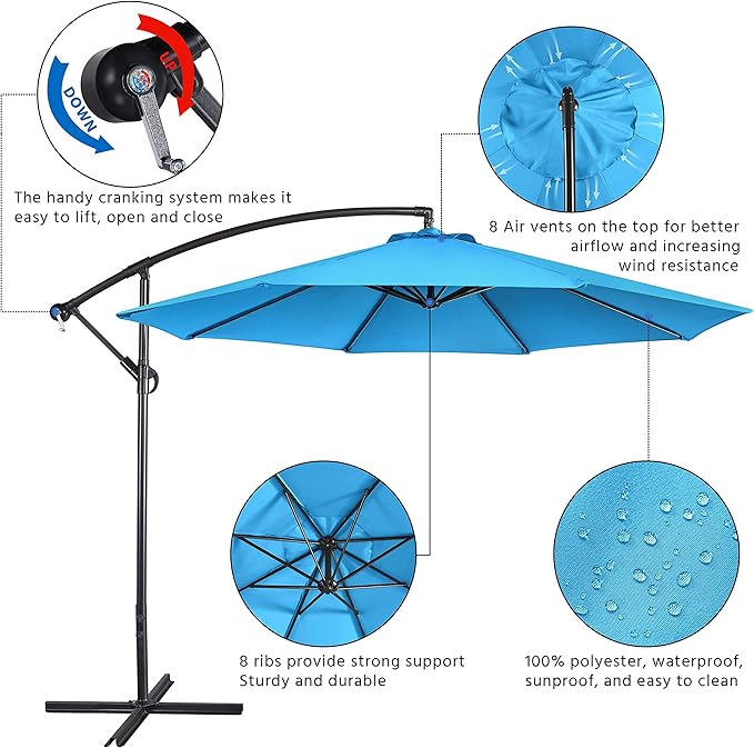 Yaheetech 10FT Patio Offset Umbrella - Cantilever Hanging Outdoor Umbrellas w/UV Protection & 8 Ribs & Handy Crank & Cross Base for Market/Garden/Lawn/Deck/Backyard/Pool - Sky Blue
