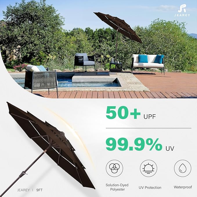 JEAREY 9FT 3 Tier Patio Umbrella Outdoor Market Umbrella Table Umbrellas with Button Tilt and Crank UV Protection Outside Garden Pool Umbrella,Coffee