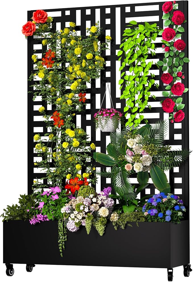 Metal Planter Box with Trellis, 72.1"x47.2"x16" Outdoor Galvanized Raised Garden Bed with Privacy Screen & Drainage Holes & Lockable Casters for Climbing Plants, Vegetable (Street-Black1)
