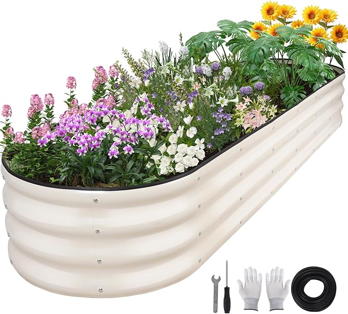 Galvanized Raised Garden Bed - 8×2×1ft Planter Raised Beds for Gardening | Oval Metal Garden Planter Box with Safety Edging and Bracing Rods for Vegetables Fruits and Flowers (White)