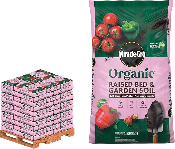 Miracle-Gro Organic Raised Bed and Garden Soil Bulk Pallet, Quick Release Natural Fertilizer, Peat Free, OMRI Listed, 1.5 cu. ft. Bags, Pallet of 50