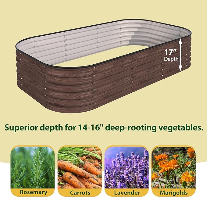 BlueWish 8x2x1.4FT Metal Galvanized Raised Garden Bed, 17’’H Wood Grain Raised Garden Bed, 9 in 1 Modular Planter Box Raised Bed for Gardening Plants Flowers, Rustic