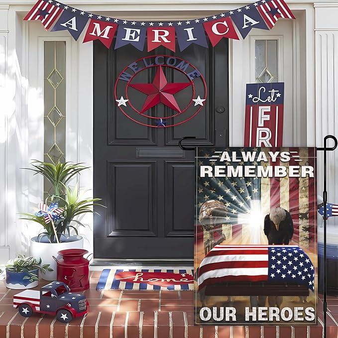 Always Remember Our Heroes Garden Flag 12x18 Inch Memorial Day Garden Flag 3ply Polyester Double Sided Print 4th of July Independence Day Veterans Day Garden Flags for House Indoor Yard Outdoor Holiday Patriotic Decor