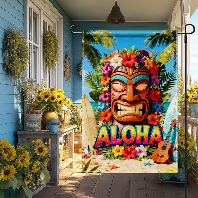 IVN Tiki Surf Aloha Garden Flag 12x18 Burlap Aloha Tiki Mask Surfboards Ukulele Sunshine Beach Ocean Palm Leaves Hibiscus Flowers Double Sided Summer Outdoor Yard House Flag for Outside Home Front Door Lawn Porch Patio Welcome Summer Decor