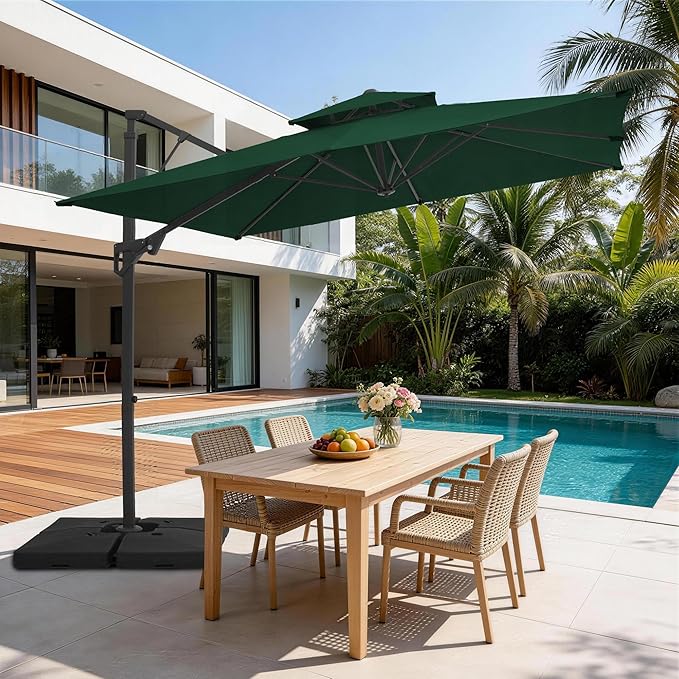 JEAREY 9ft Cantilever Patio Umbrella Outdoor Square Large Offset Umbrella Double Top Roating Heavy Duty Sun Umbrella for Patio Lawn Garden Backyard and Pool,Dark Green