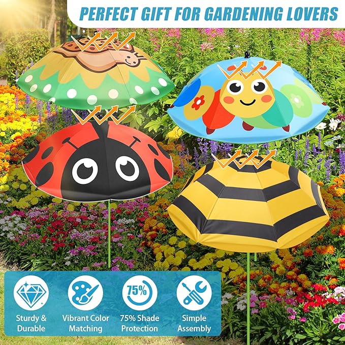 4 Pack Upgraded Plant Umbrellas for Outdoor Plants, 26" Larger Garden Plant Umbrella Shade with Adjustable Angle, 43.4" Higher Sun Shade with Animal Prints for Plants, Potted Plant, Garden Beds