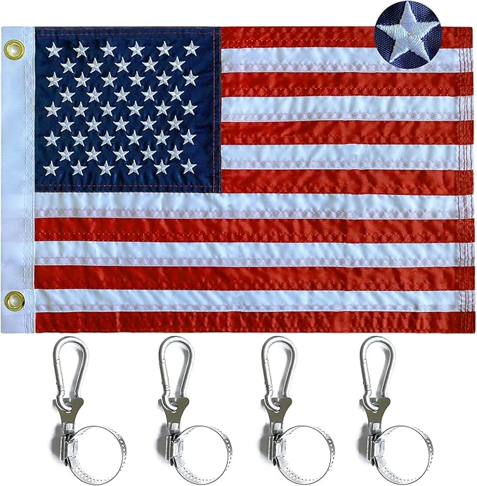 WDGG American Flag for Boat Flags Marine 12x18- (4 Heavy Duty Clips) Embroidered Stars and Brass Grommets (Resistant To Sunlight & Saltwater) US Boat Cabin Flag for Various Boat, Yacht