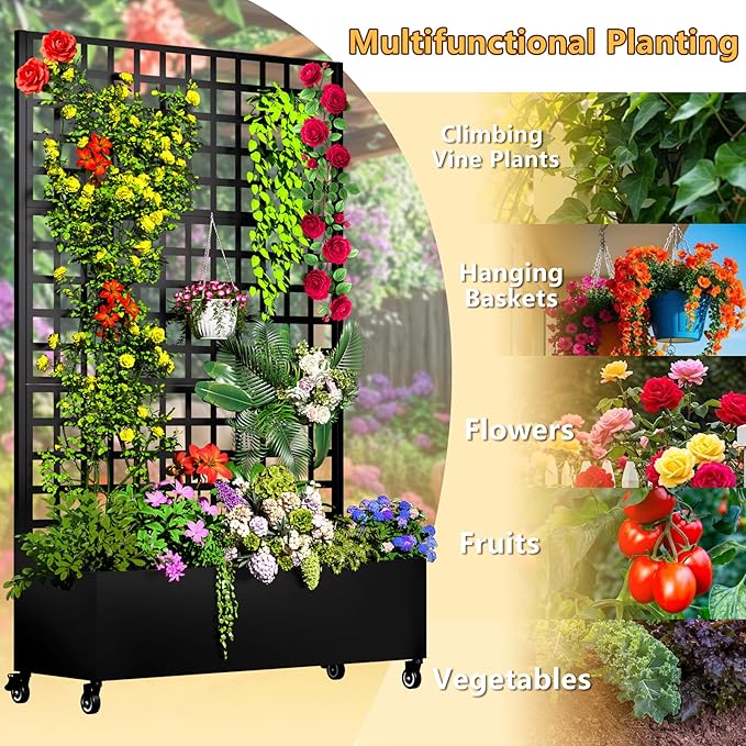 Metal Planter Box with Trellis, 72.1"x47.2"x16" Galvanized Raised Garden Bed with Privacy Screen & Drainage Holes & Lockable Casters for Climbing Plants, Flower, Vegetable (Black-Grid)