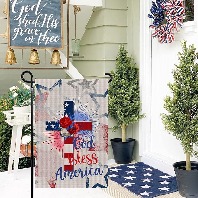 God Bless America Stars and Stripes Garden Flag, Memorial Day 4th of July Patriotic Lily Cross Yard Outdoor Decoration 12x18 Inch Double Sided