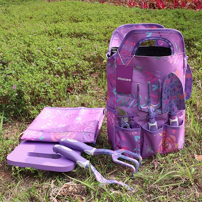 Purple Garden Tool Sets 10-Piece, Aluminum Alloy Steel Hand Tools w/Non-Slip Ergonomic Handle, Floral Print Garden Supplies Organizer Handbag, Cute Gardening Tools Gift for Women Grandmother