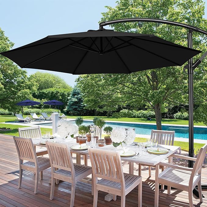 Yaheetech 10FT Patio Offset Umbrella - Cantilever Hanging Outdoor Umbrellas w/Easy Tilt & Cross Base for Market/Garden/Lawn/Deck/Backyard/Pool - Black