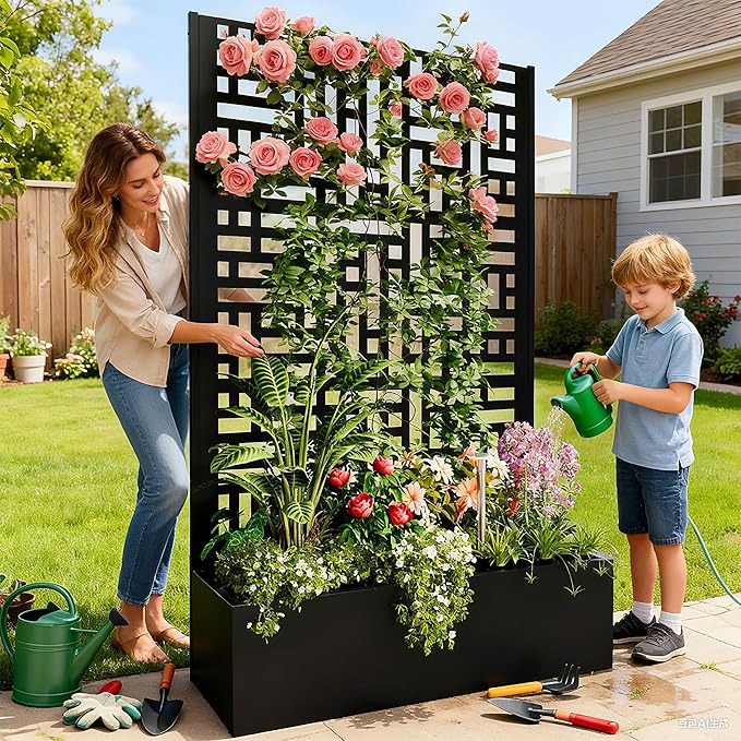 Metal Planter with Trellis, 70" x 43.3" x 16" Metal Raised Garden Bed, Planter Box with Trellis Privacy Screen, Planter Box for Climbing Plants, Flowers, Vegetables, Fruits (1)