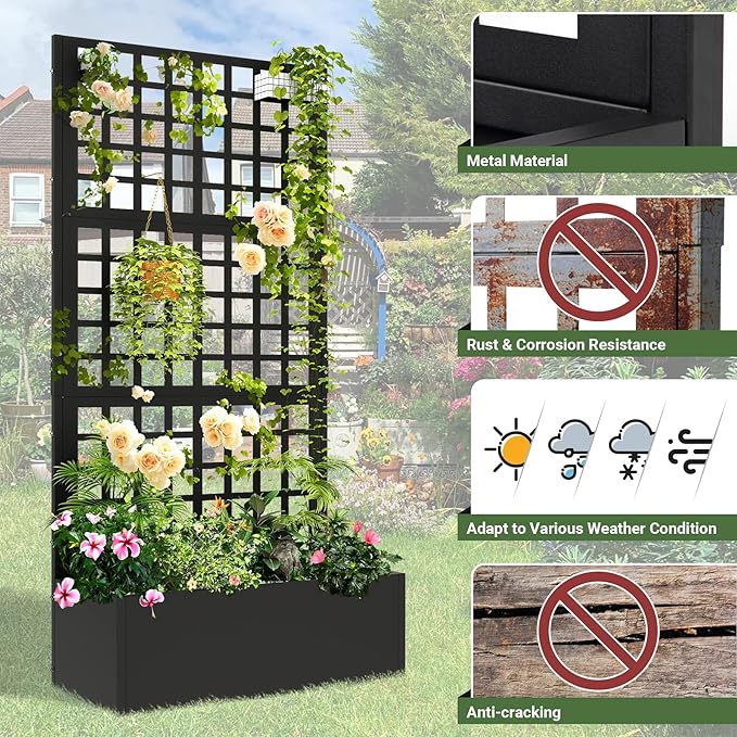 Metal Planter with Trellis 72" x 36’’ x 16", Raised Garden Bed with Trellis, Planter Box with Privacy Screen for Climbing Plants, Flowers, Vegetables, Fruits