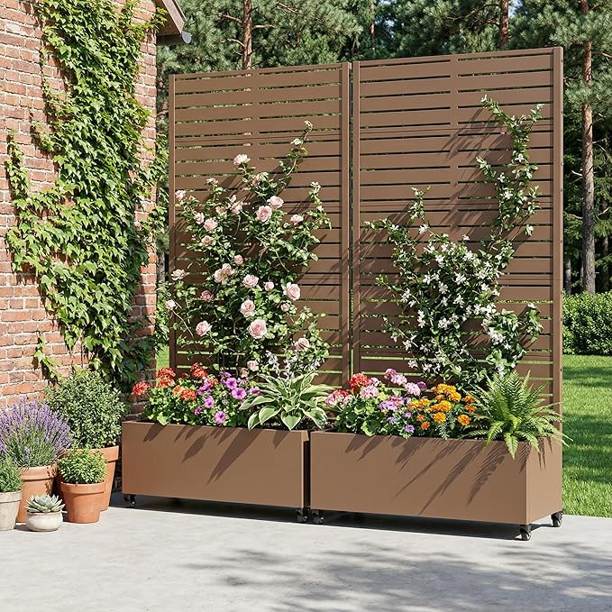 Casaphoria 72"x35" Metal Raised Garden Bed with Trellis(2 Pack), Outdoor Planter Box with Wheels & Drainage Holes for Climbing Plants, Flowers, Elevated Garden Kit with Privacy Screen, Brown-Louvered