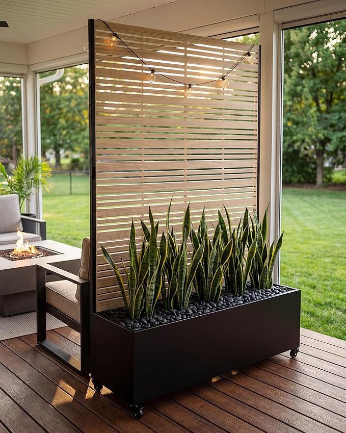 73" Metal Planter Box with Trellis on Wheels - Mobile Outdoor Planter with Drainage Holes & Louvered Privacy Screen, Rust-Proof Wood Grain for Patio, Balcony, Backyard, Poolside