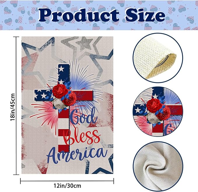 God Bless America Stars and Stripes Garden Flag, Memorial Day 4th of July Patriotic Lily Cross Yard Outdoor Decoration 12x18 Inch Double Sided