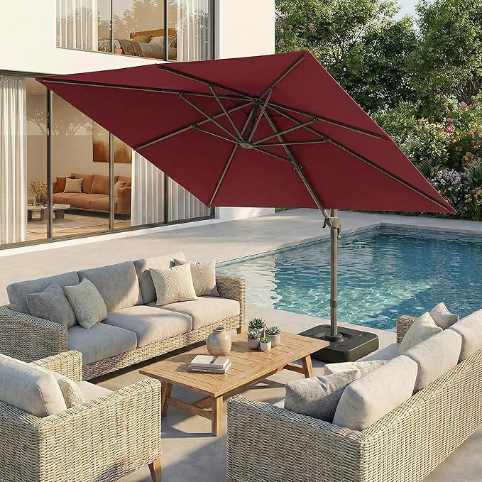 Hoteel 10ft Patio Umbrella Heavy Duty Aluminum Windproof & Shade Provision Outdoor Cantilever Double Top Offset Large Umbrella Height Adjustable with 360°Rotation for Patio Pool Deck Gazebo, Wine Red
