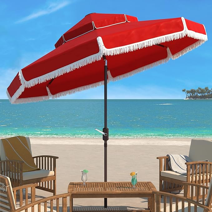 SAFAVIEH 9ft Outdoor Patio Umbrella, Round, Double Top, Milan Fringe, Red & White, Crank, Button Tilt, UV Resistant for Deck, Backyard, Poolside (PAT8208E)