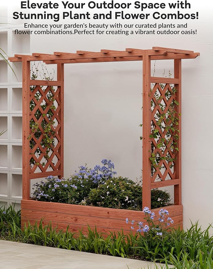 Raised Garden Bed with Trellis, Wood Planter Box with Hanging Roof, Side Trellis & Drainage, Freestanding Garden Planter for Climbing Plants, Vegetables, Flowers