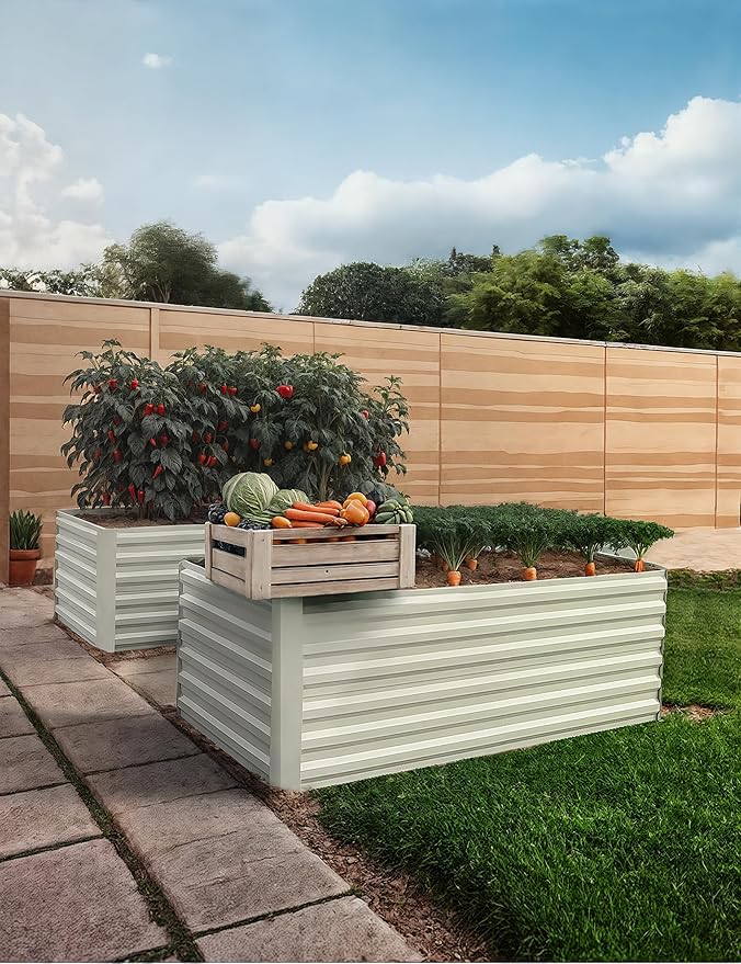 GAOMON 6x3x2 Ft Galvanized Metal Raised Garden Bed, 24-Inch Tall Outdoor Planter Box for Vegetables, Herbs, and Flowers, Rust-Resistant Heavy-Duty Garden Beds for Backyard Gardening, Beige