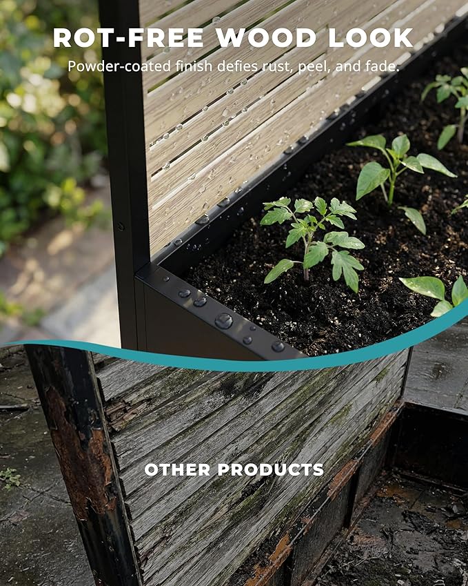 73" Metal Planter Box with Trellis on Wheels - Mobile Outdoor Planter with Drainage Holes & Louvered Privacy Screen, Rust-Proof Wood Grain for Patio, Balcony, Backyard, Poolside