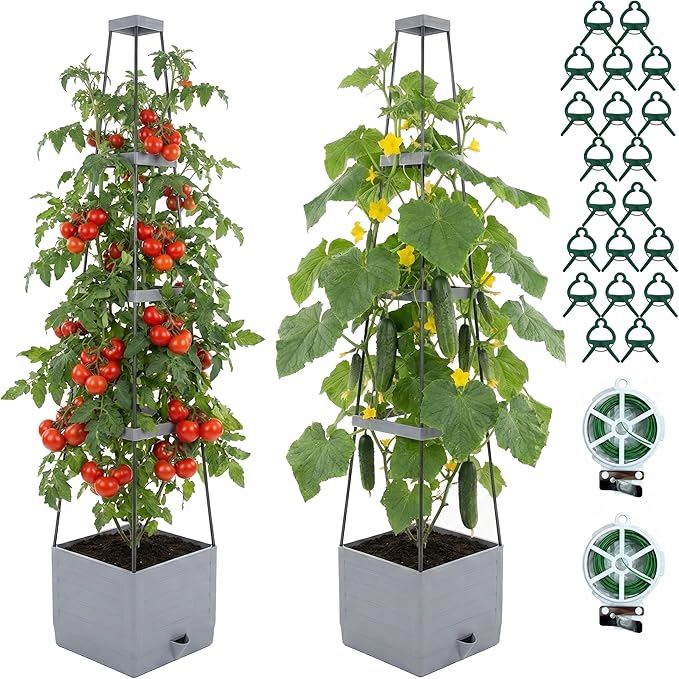 Tomato Planter with Trellis 57", 2-Pack Self Watering Raised Garden Bed with Trellis, Tomato Cages for Garden, Tomato Pots for Growing Tomatoes, Vegetable Planter, Tomato Plant Support Cage