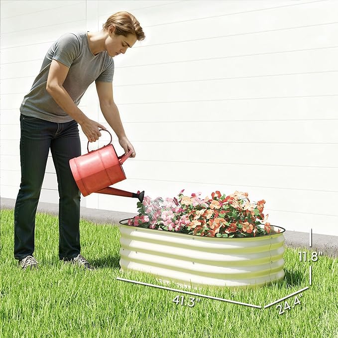 Outsunny 3.5' x 2' x 1' Galvanized Raised Garden Bed Kit, Outdoor Metal Elevated Planter Box with Safety Edging, Easy DIY Stock Tank for Growing Flowers, Herbs & Vegetables, Cream