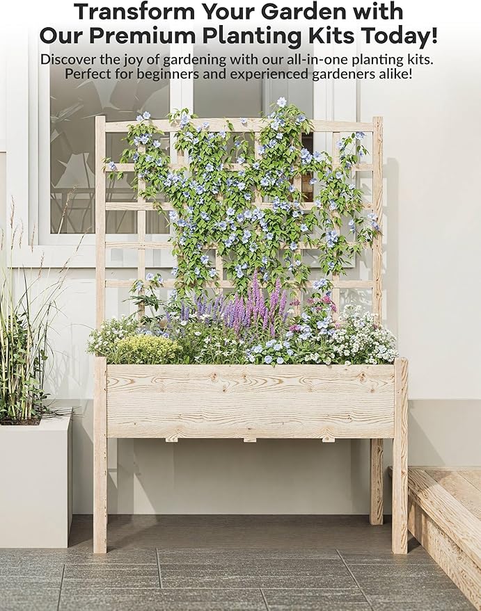 Wooden Raised Garden Bed with Trellis, 46.46x23.23x65.35IN Elevated Planter Box with Legs for Climbing Plants, Vegetables & Flowers