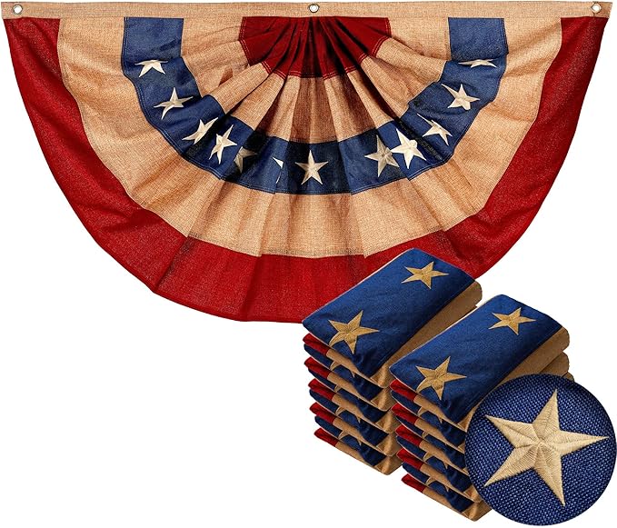 G128-10 Pack: USA Tea Stained Pleated Fan Flag 3x6FT Burlap Embroidered Polyester Stars and Stripes