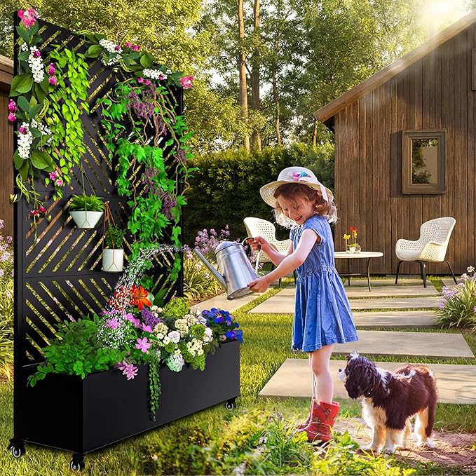 Metal Planter Box with Trellis, 72.1"x47.2"x16" Outdoor Galvanized Raised Garden Bed with Privacy Screen & Drainage Holes & Lockable Casters for Climbing Plants, Vegetable (Arrow-Black1)