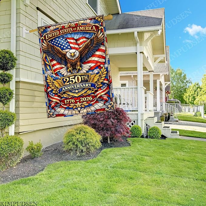 Stained Glass Patriotic Large Garden Flag 28x40 Inch, 250th Anniversary 1776-2026 American Eagle House Flag, Independence Day Outdoor Decor, Double Sided Burlap