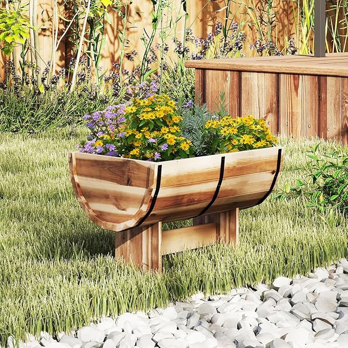 S AFSTAR 2 Pieces Acacia Wood Raised Garden Beds, Half-Barrel Planter Box with Legs, Drainage Gaps & Metal Bands, Rustic Plant Box Decorative Elevated Flower Pot for Indoor & Outdoor