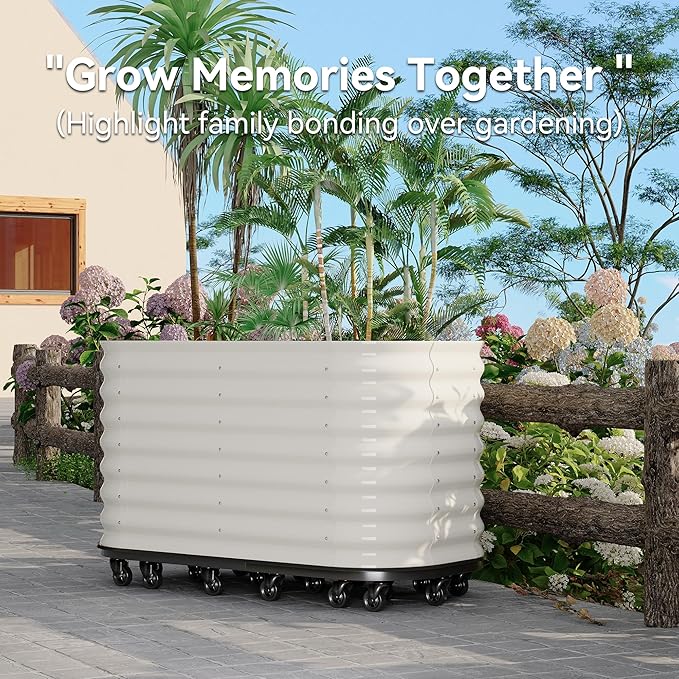 GarveeLife 59" Raised Garden Bed with Water Tank & Wheels - Large Mobile Galvanized Steel Planter Box, Elevated Design for Patio, Balcony & Indoor Gardening, White