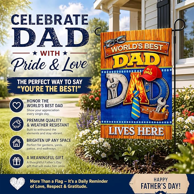 Fathers Day Decorations - WORLD'S BEST DAD Garden Flag | Dad Gifts for Fathers Day | Double Sided Father's Day Garden Banners for Outdoor Outside Patio Lawn Home Patry Decor