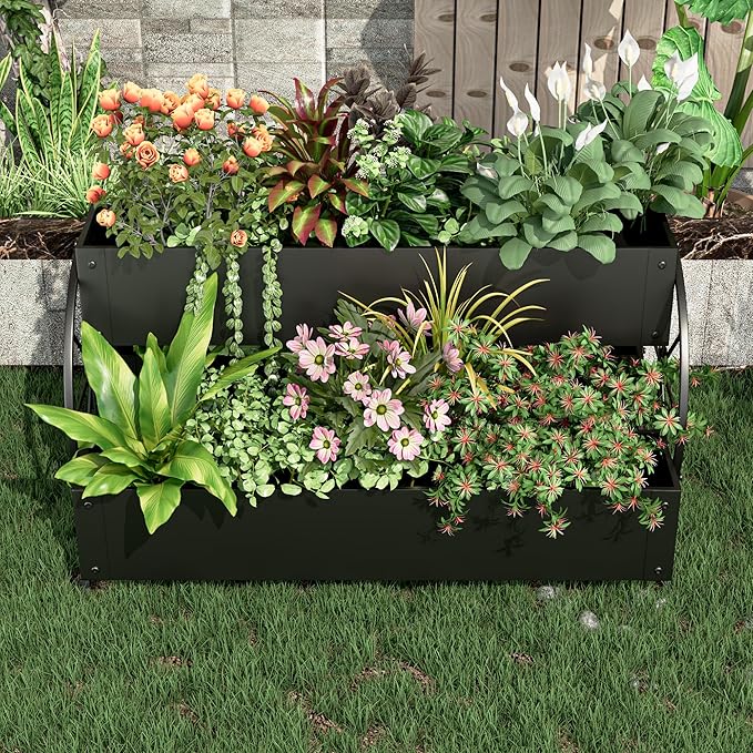 Metal Raised Garden Beds with Wagon Wheels, 3-Tier Outdoor Planter Boxes, Decorative Herb Garden Planter for Flowers Herbs Vegetables, Small Flower Cart for Patio, Balcony (Black)