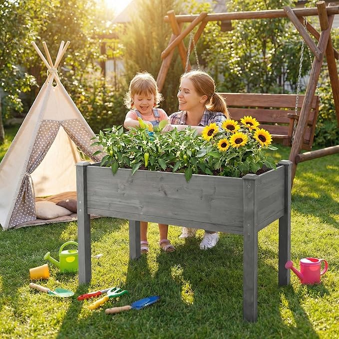 Wooden Cedar Raised Garden Bed with Legs, 48x24x30 Inch Planter Raised Beds for Gardening, Raised Garden Beds Outdoor Planter Box for Vegetables/Herbs/Flower/Backyard (Grey)