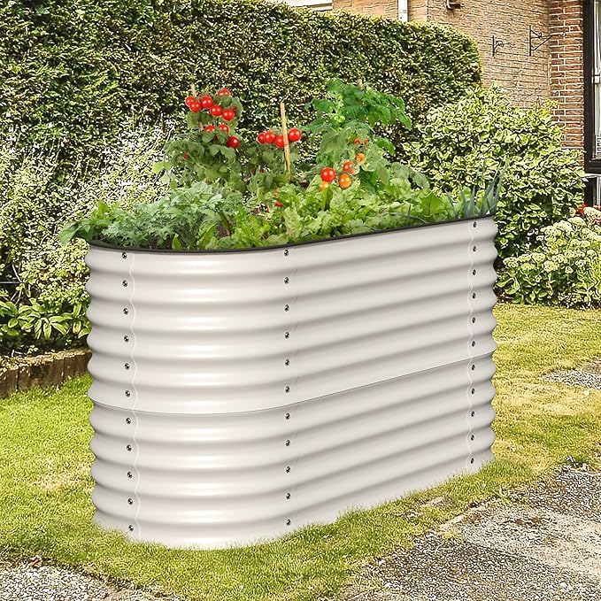 Olle 4-Style Modular Galvanized Raised Garden Beds Outdoor Easy Quick Setup, 17" Tall, 4-in-1 Metal Planter Boxes Outdoor for Flowers Vegetables Fruits Herbs DIY Gardening, Ivory