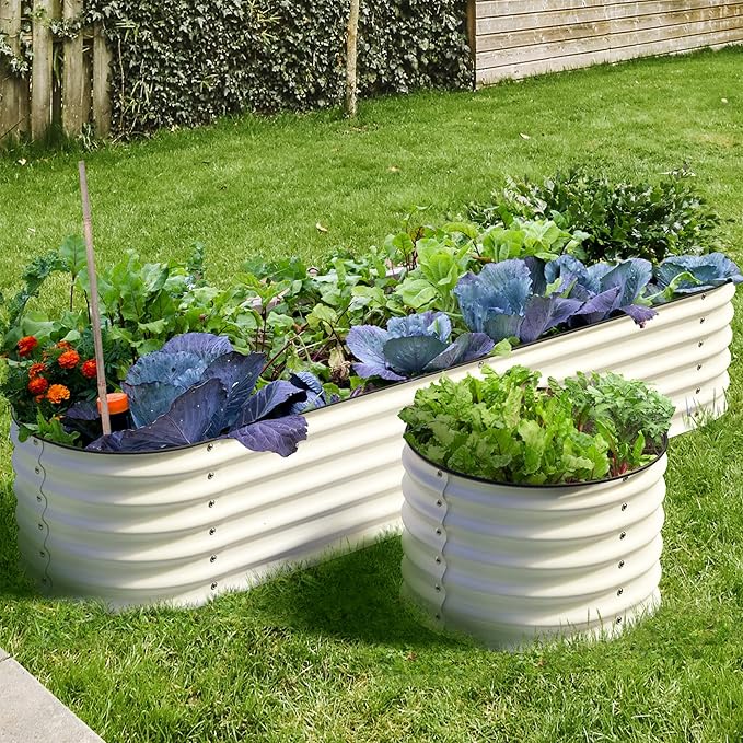 Olle 4-Style Modular Galvanized Raised Garden Beds Outdoor Easy Quick Setup, 17" Tall, 4-in-1 Metal Planter Boxes Outdoor for Flowers Vegetables Fruits Herbs DIY Gardening, Ivory