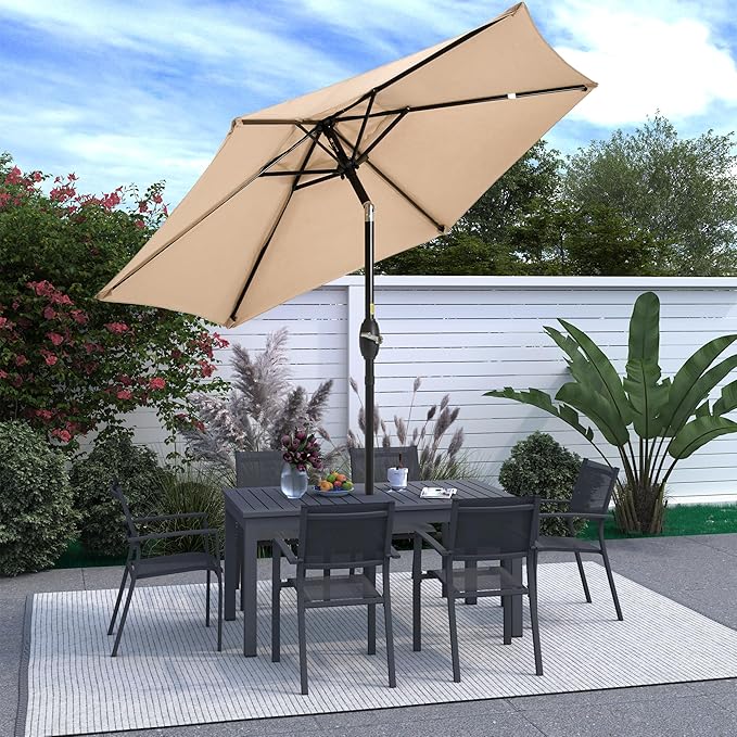 Patio Umbrella Striped Outdoor Table Market Umbrella with Push Button Tilt and Crank Sturdy Aluminum Ribs for Deck, Lawn, Pool& Backyard
