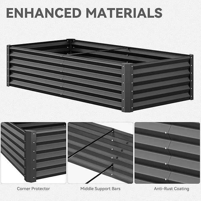 YITAHOME 6x3x1.5ft Large Raised Garden Bed Kit, Galvanized Metal Planter Box with Gloves, Support Rod, Outdoor Above Ground Planters for Plants, Vegetables, Flowers, Black