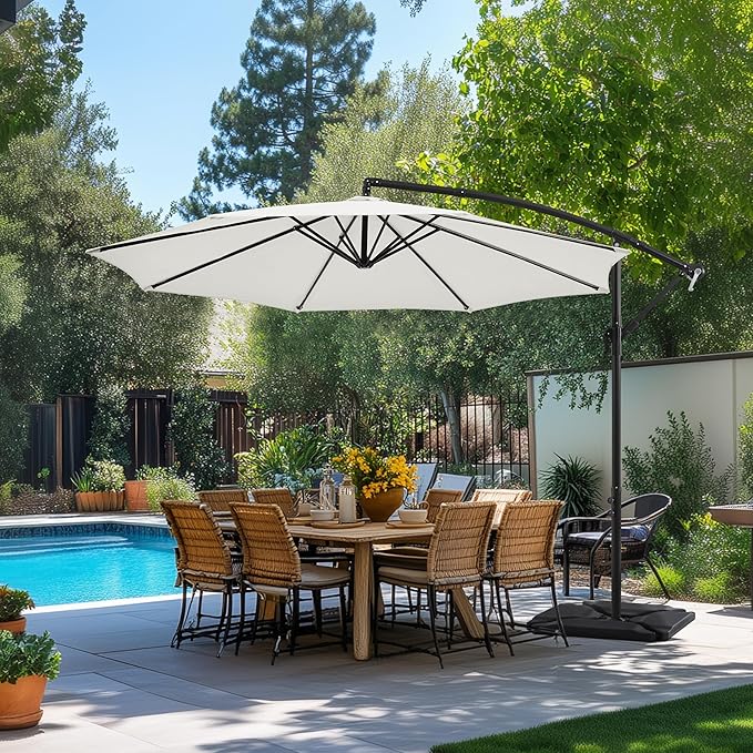 Yaheetech 10FT Patio Offset Umbrella - Cantilever Hanging Outdoor Umbrellas w/Easy Tilt & Cross Base for Market/Garden/Lawn/Deck/Backyard/Pool - Cream