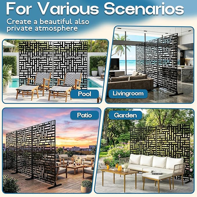 Metal Privacy Screen 72" H x 47.2" Decorative Outdoor Privacy Screen Privacy Panel with Stand for Balcony Deck Patio Lawn Garden, Privacy Fence (Black-Street)