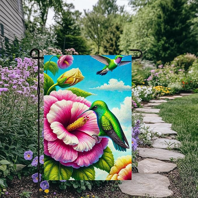 BlissYard Welcome Spring Summer Garden Flag Double Sided 12 x 18 Inch Hummingbird Bird Garden Yard Flag Flowers Seasonal Outside Outdoor House Decoration Floral Small Lawn Yard Home Decor
